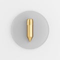 Gold pencil icon. 3d rendering round gray key button, interface ui ux element
