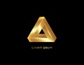 Gold Penrose triangle, 3d isometric logo business template. Optical illusion Infinity or Impossible Triangle. Monogram, Letter A