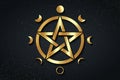 Gold Pentacle circle symbol and Phases of the moon. Wiccan symbol, full moon, waning, waxing, first quarter, gibbous, crescent