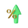 Gold percent sign and green arrow rise isolated on white background