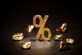 Gold percent sign and gold nuggets on black background