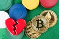 Gold physical Bitcoin, Litecoin and Ethereum coins with broken heart