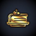 Gold Piece of cake icon isolated on black background. Happy Birthday. Vector Royalty Free Stock Photo