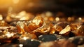 Gold. Pieces of gold in nature in the mountains close to the glare of the sun at sunset. Horizontal format for banners texture. AI Royalty Free Stock Photo