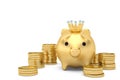 Gold piggy bank with gold coin stacks.3D illustration