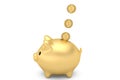 Gold piggy bank with coins falling into slot isolated on white.3D illustration