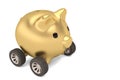 Gold piggy bank and four wheels.3D illustration.