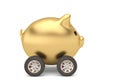 Gold piggy bank and four wheels.3D illustration.