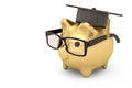 Gold piggy bank with glasses and mortarboard on white background
