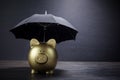 Gold Piggy bank with umbrella concept for finance insurance, protection, safe investment or banking Royalty Free Stock Photo