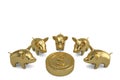 Gold piggys and big coin on white background 3D illustration. Royalty Free Stock Photo