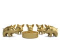 Gold piggys and big coin on white background 3D illustration. Royalty Free Stock Photo