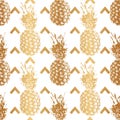 Gold pineapple seamless pattern. Summer background. Golden foil. Tropical glitter print. Wallpaper with ananas. Fun fruit texture. Royalty Free Stock Photo