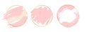 Gold pink background. Circle gold frames with pastel pink brushes elements. Vector brush strokes banners template