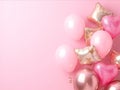 Gold and pink balloons. Realistic rose 3d heart balloon. Helium balloon illustration on pink background. Royalty Free Stock Photo