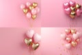 Gold and pink balloons. Realistic rose 3d heart balloon. Helium balloon illustration on pink background. Royalty Free Stock Photo