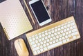 Gold pink color palette concept, spiral notebook and mobile phone, wireless keyboard and mouse on wood table