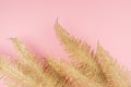 Gold and pink festive background - sparkling glittering fern branches on soft light pastel pink background, border, copy space.