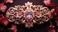 A gold and pink flower brooch with a large diamond, AI