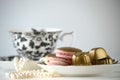 Luxurious gold French macarons and chocolates on a porcelain plate Royalty Free Stock Photo