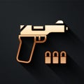 Gold Pistol or gun icon isolated on black background. Police or military handgun. Small firearm. Long shadow style