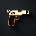 Gold Pistol or gun icon isolated on black background. Police or military handgun. Small firearm. Long shadow style