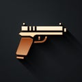 Gold Pistol or gun icon isolated on black background. Police or military handgun. Small firearm. Long shadow style