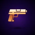 Gold Pistol or gun icon isolated on black background. Police or military handgun. Small firearm. Vector