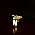 Gold Pistol or gun icon isolated on brown background. Police or military handgun. Small firearm. Minimalism concept. 3d