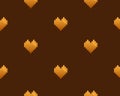 Gold pixel heart on brown background, seamless vector pattern