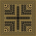 Gold plaid tartan seamless pattern. Vector modern ornamental background. Greek key, meanders. Square frames, borders, symbols, Royalty Free Stock Photo