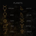 Gold planets signs and symbols set. Minimalist glitter astrology collection Astronomical illustration. Solar planetary