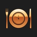 Gold Plate with clock, fork and knife icon isolated on black background. Lunch time. Eating, nutrition regime, meal time Royalty Free Stock Photo