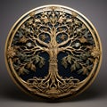 A gold plate with a tree of life on it, small decorative metal object with medieval pattern Royalty Free Stock Photo