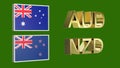 Gold plated AUD and NZD symbols along with the flags of Australia and New Zealand on a neutral green background. Finance concept. Royalty Free Stock Photo