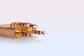3.5 gold plated audio input and output connectors for audio signal devices, isolated on background