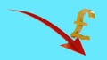 Gold-plated British pound sterling symbol slides down a red arrow pointing down on a light blue background. Minimalist style. 3D Royalty Free Stock Photo