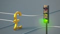 Gold-plated British pound symbol is walking down the road at a green traffic light. Finance concept. Royalty Free Stock Photo