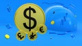 Gold-plated coin with a dollar symbol rises above coins with symbols of other currencies on a blue background with abstract