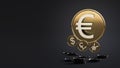 Gold-plated coin with the euro symbol takes precedence over coins with symbols of other currencies on a gray background. Royalty Free Stock Photo