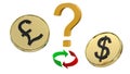 Gold-plated coins with dollar and British pound symbols, a question mark and two arrows in a ring - green and red on a white Royalty Free Stock Photo