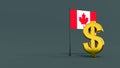 Gold plated dollar symbol in front of the flag of Canada on a neutral gray background with space for text and logo. Royalty Free Stock Photo