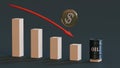 Gold plated dollar symbol with a red down arrow and a barrel labeled `oil` on a dark background.