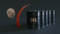 Gold plated dollar symbol with a red down arrow and barrels labeled `oil` on a dark background. Royalty Free Stock Photo