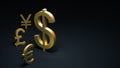 Gold-plated dollar symbol rises above the symbols of other currencies on a dark background with space for text or a logo. 3D