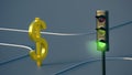 Gold-plated dollar symbol is walking down the road at a green traffic light. Finance concept. Royalty Free Stock Photo