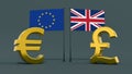 Gold-plated euro and British pound symbols with European Union and UK flags face each other on a neutral gray background. Finance