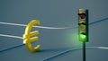 Gold-plated euro symbol is walking down the road at a green traffic light. Finance concept. Royalty Free Stock Photo