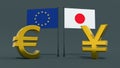 Gold-plated euro and yen symbols with the flags of the European Union and Japan face each other on a neutral gray background.