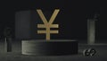 Gold-plated Japanese Yen symbol is set on a concrete plinth against a background of abstract shapes and symbols of other